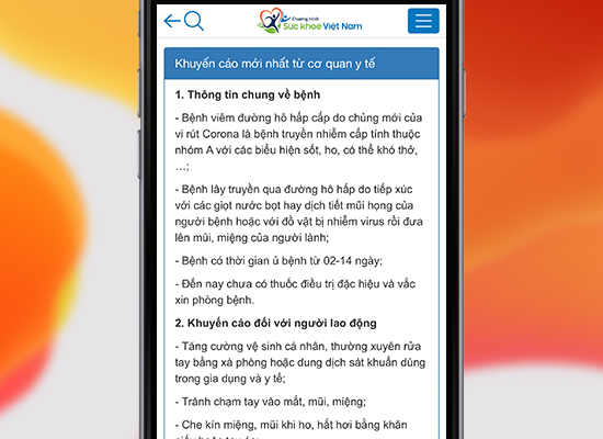 Cách cập nhật tình hình nhiễm Corona chính thống trên app Sức khỏe Việt Nam