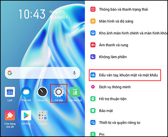 Chọn Dấu vân tay, khuôn mặt và mật khẩu trong Cài đặt