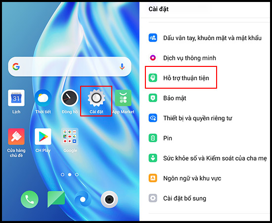 Chọn Hỗ trợ thuận tiện trong Cài đặt