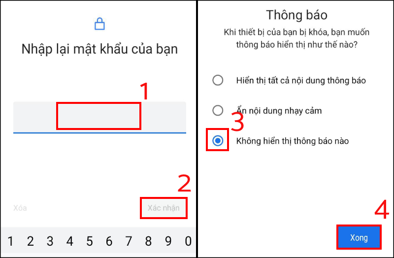 Nhập lại mật khẩu và tùy chỉnh thông báo