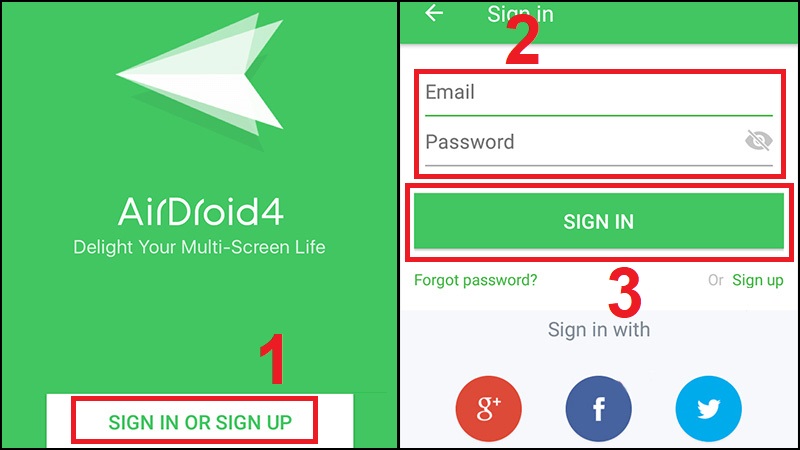 Khởi động ứng dụng Airdroid > Bấm SIGN IN OR SIGN UP >  Nhập vào tài khoản đã sử dụng trên máy tính > Bấm SIGN IN.