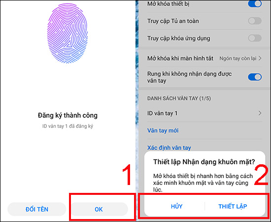 Thiết lập ngay khi bảo vân tay thành công