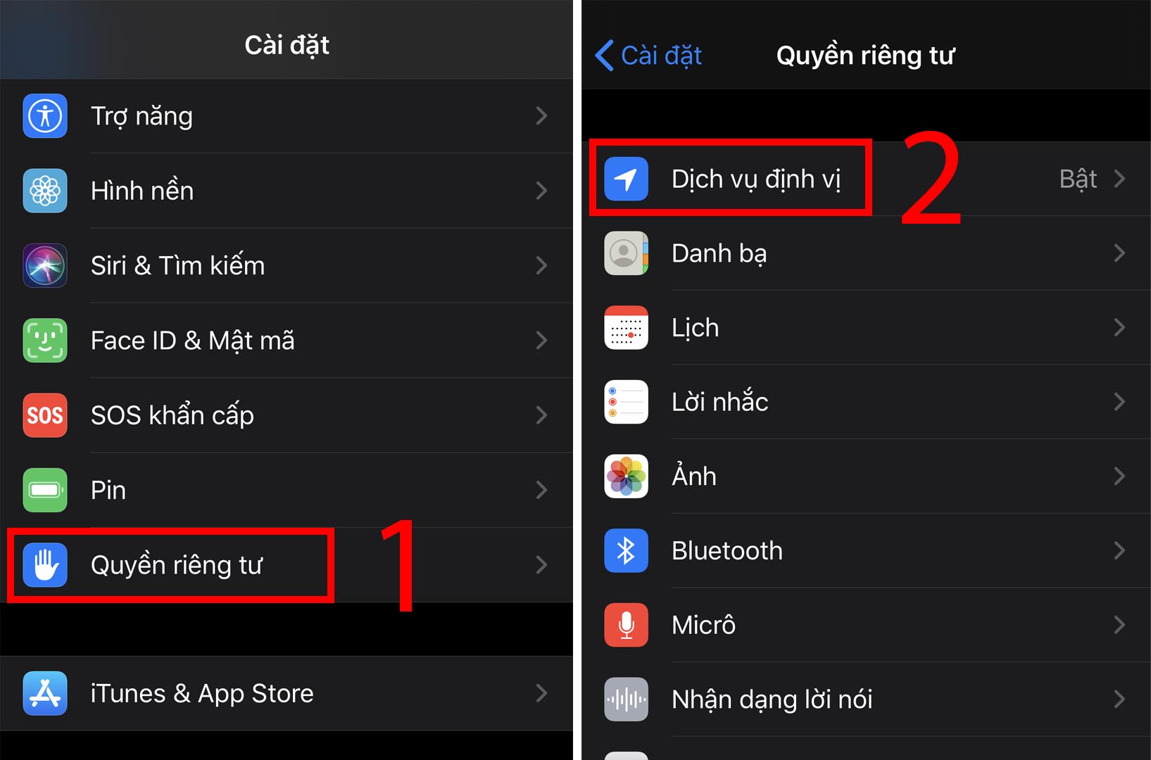 Bước 1: T&igrave;m đến ứng dụng C&agrave;i đặt (Settings) > Quyền ri&ecirc;ng tư (Privacy) > Dịch vụ định vị (Location Services).