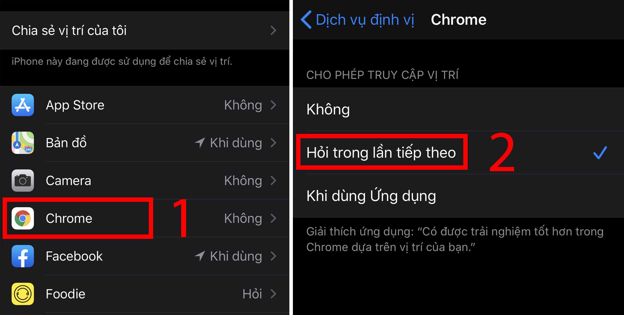 Bước 2: T&igrave;m đến v&agrave; bấm chọn v&agrave;o Chrome > Chuyển từ Kh&ocirc;ng (Never) sang Hỏi trong lần tiếp theo (Ask Next Time) (khuy&ecirc;n chọn) hoặc cũng c&oacute; thể chọn Khi d&ugrave;ng Ứng dụng (While Using the App).