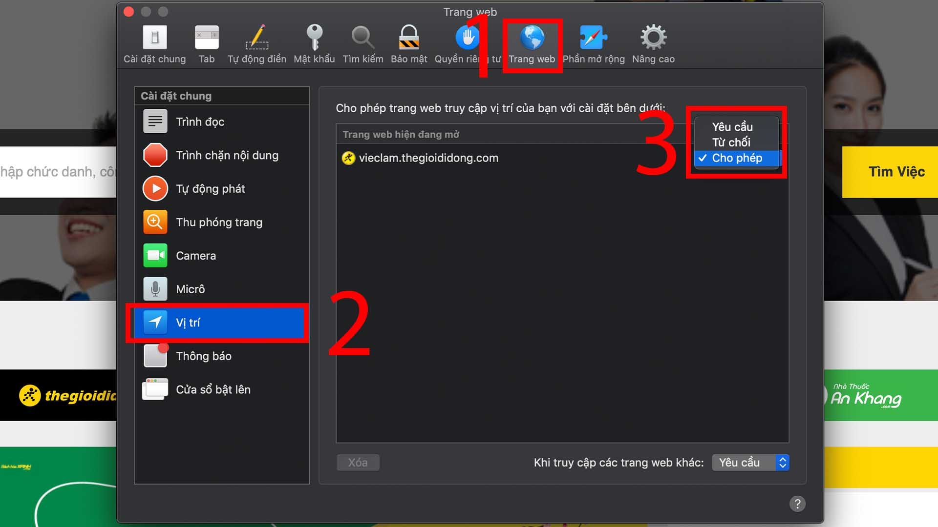 Bước 2: Bấm v&agrave;o mục Trang web (Websites) > Vị tr&iacute; (Location) > Đổi từ Y&ecirc;u cầu (Ask)/Từ chối (Deny) sang Cho ph&eacute;p (Allow).
