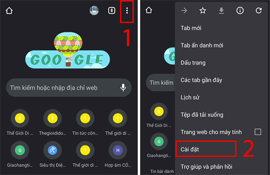 Bước 1: Bấm v&agrave;o biểu tượng Dấu 3 chấm đứng > C&agrave;i đặt (Settings).