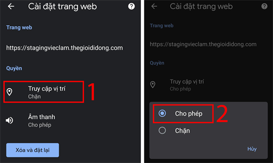 Bước 4: Chọn v&agrave;o Truy cập vị tr&iacute; (Location Access) > Chuyển từ Chặn (Block) sang Cho ph&eacute;p (Allow). Sau đ&oacute; chỉ cần trở về l&agrave; c&agrave;i đặt đ&atilde; tự động lưu lại.
