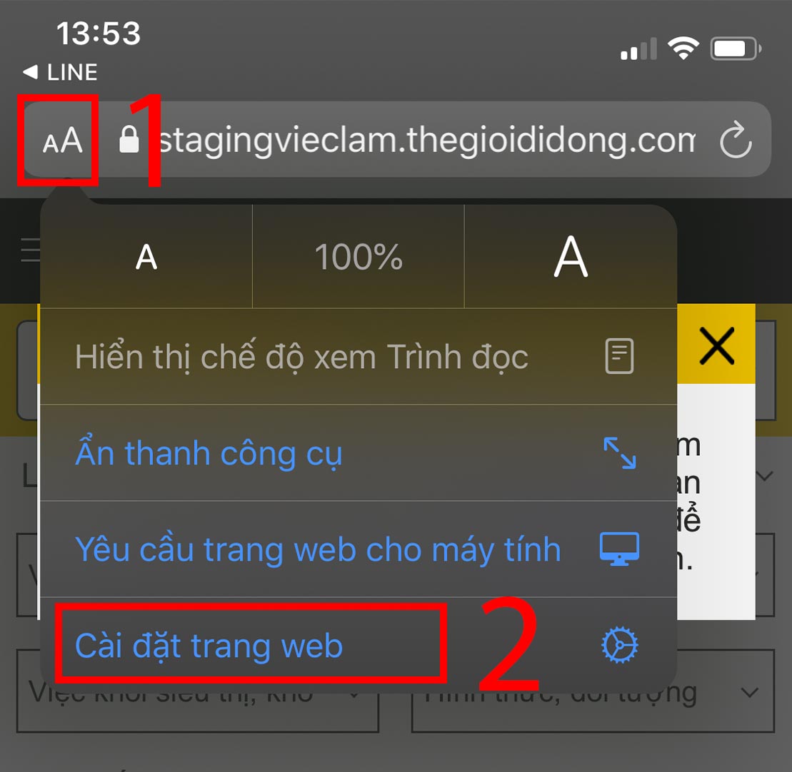 Bước 1: Bấm v&agrave;o biểu tượng Chữ A nhỏ A lớn > C&agrave;i đặt trang web (Website Settings).