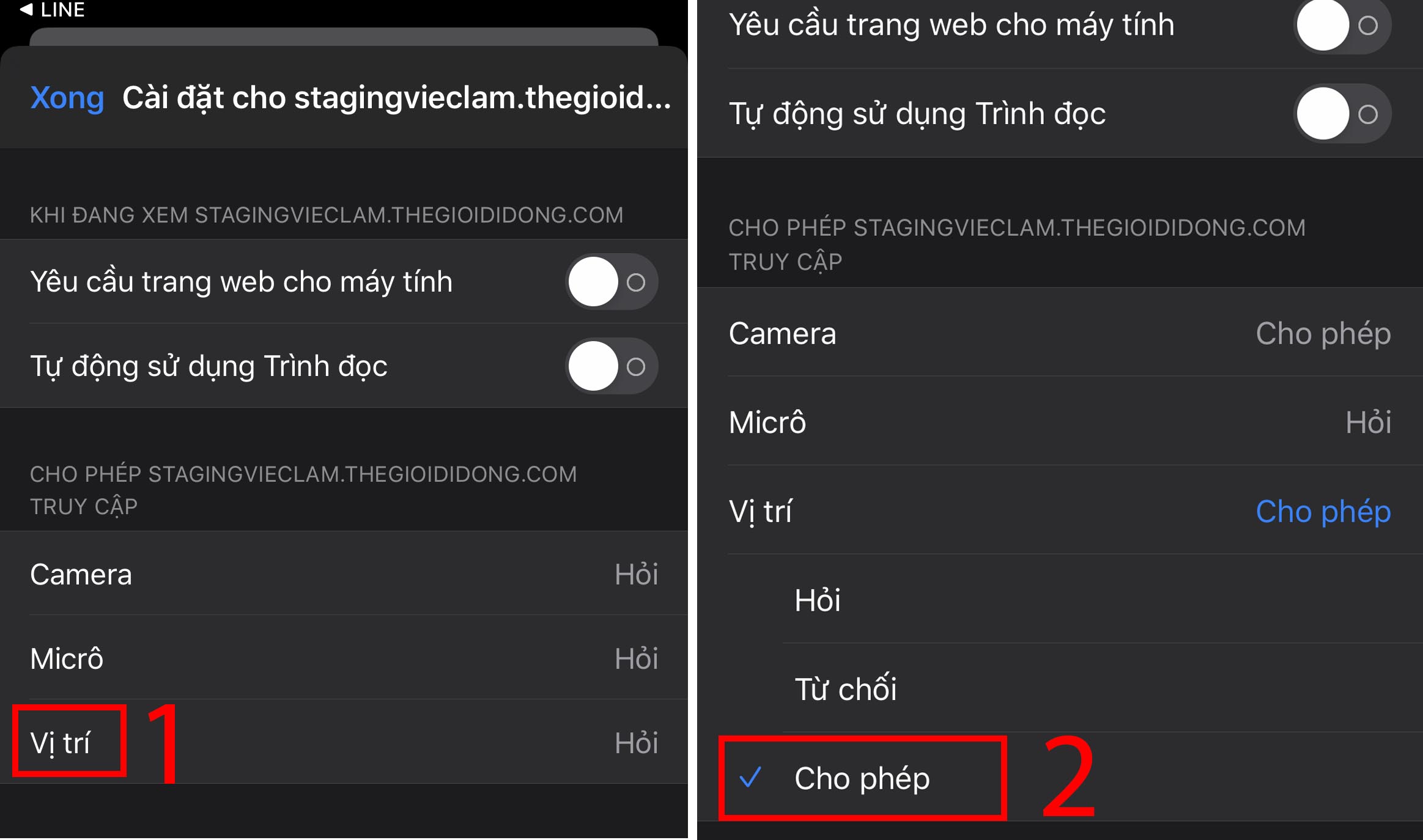 Bước 2: Chọn v&agrave;o mục Vị tr&iacute; (Location) > Chuyển từ Hỏi (Ask)/Từ chối (Deny) sang Cho ph&eacute;p (Allow).