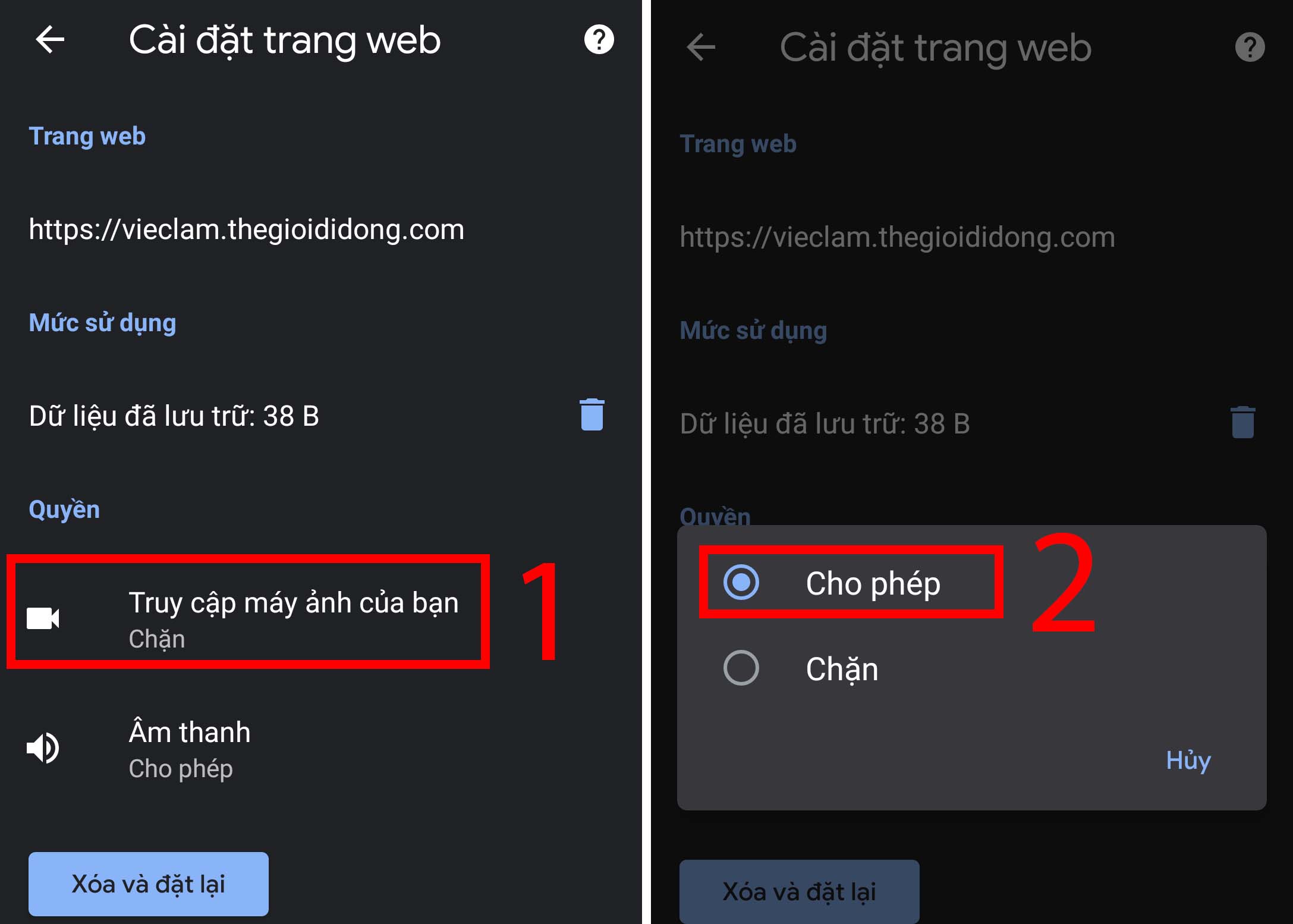Bước 4: Chọn vào Truy cập máy ảnh của bạn (Access your camera) > Chuyển từ Chặn (Block) sang Cho phép (Allow). Sau đó chỉ cần trở về là cài đặt đã tự động lưu lại.