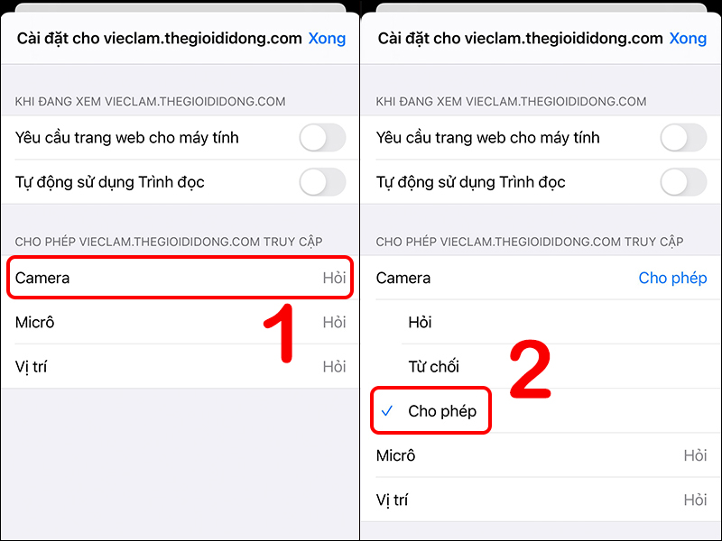 Cho ph&eacute;p Safari sử dụng camera