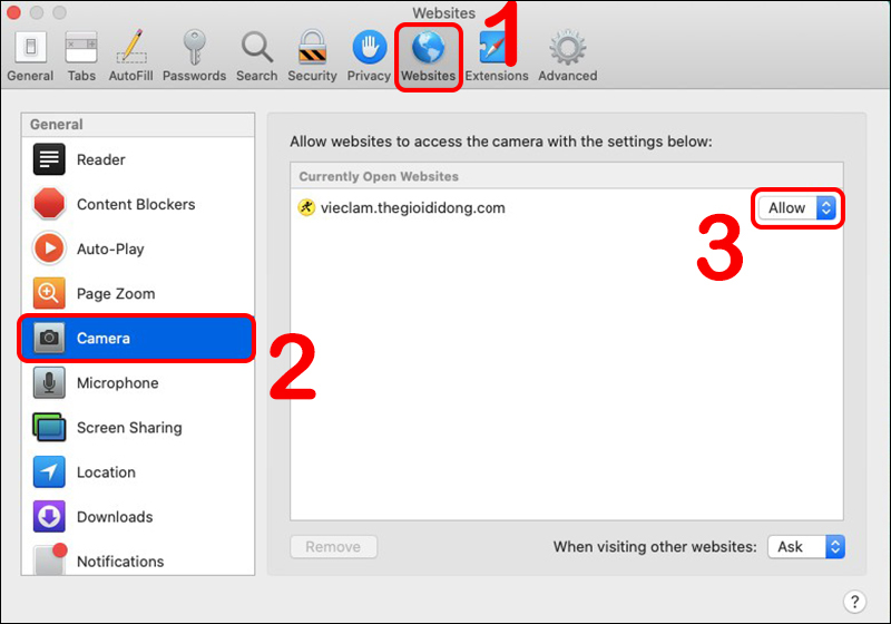 Cho ph&eacute;p trang web truy cập camera