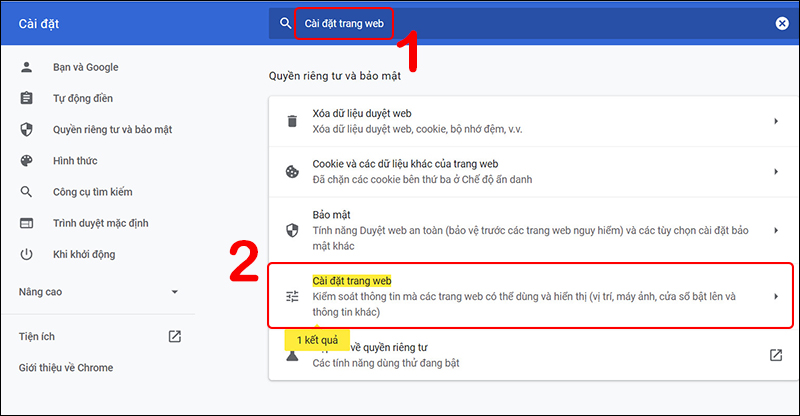 T&igrave;m kiếm v&agrave; chọn C&agrave;i đặt trang web (Site Settings) ở c&aacute;c kết quả hiện ra