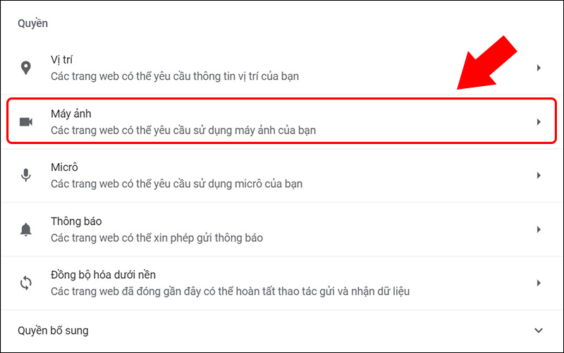 Truy cập quyền m&aacute;y ảnh trong c&agrave;i đặt trang web