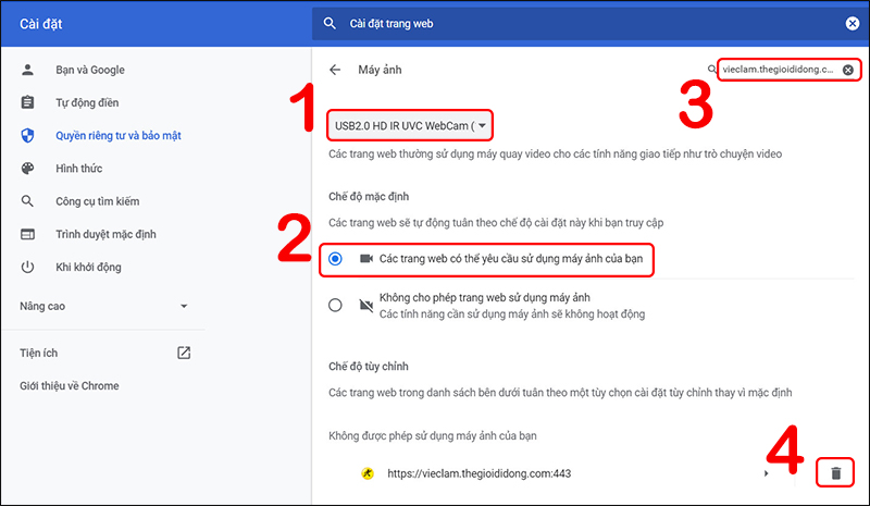 Cấp quyền truy cập m&aacute;y ảnh cho trang web