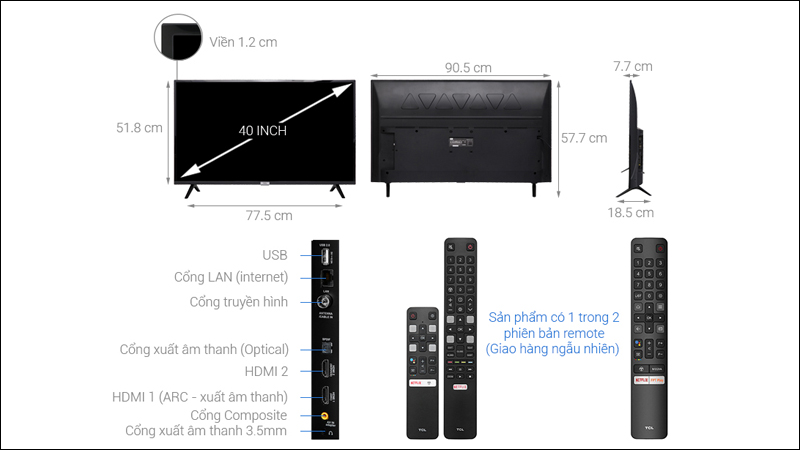 Kích thước các dòng tivi phổ biến: 32, 43, 49, 55, 65, 75, 85 inch ...