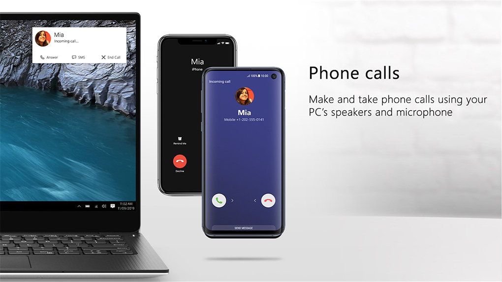 Dell Mobile Connect features listening, calling, sending messages to search contacts directly from the computer.