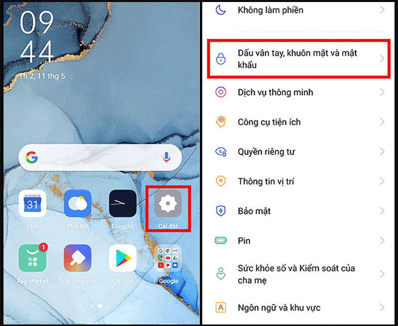 Chọn vào cài đặt-> dấu vân tay, khuôn mặt,..