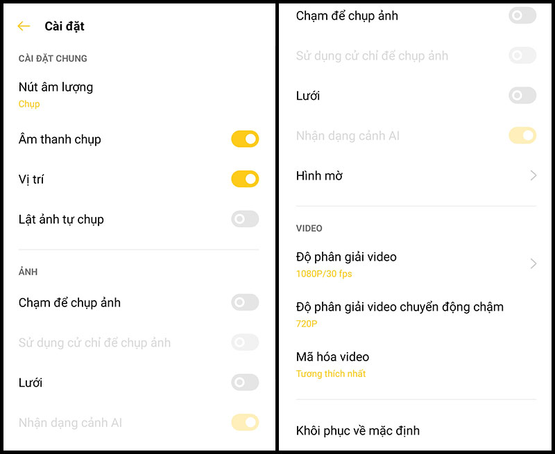 Giao diện phần cài đặt camera