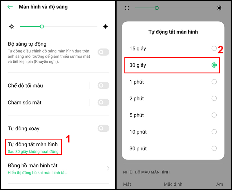 Lựa chọn thời gian để m&agrave;n h&igrave;nh tự động tắt khi kh&ocirc;ng sử dụng
