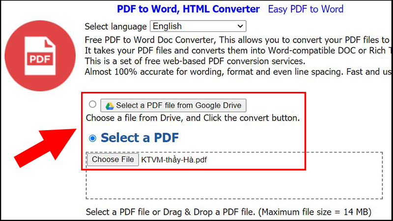 Tải lên tập tin PDF cần chuyển đổi
