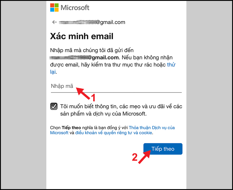 Nhập mã xác minh từ hòm thư email