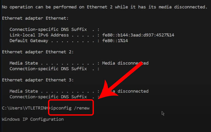 Gõ inconfig /renew để giải phóng IP