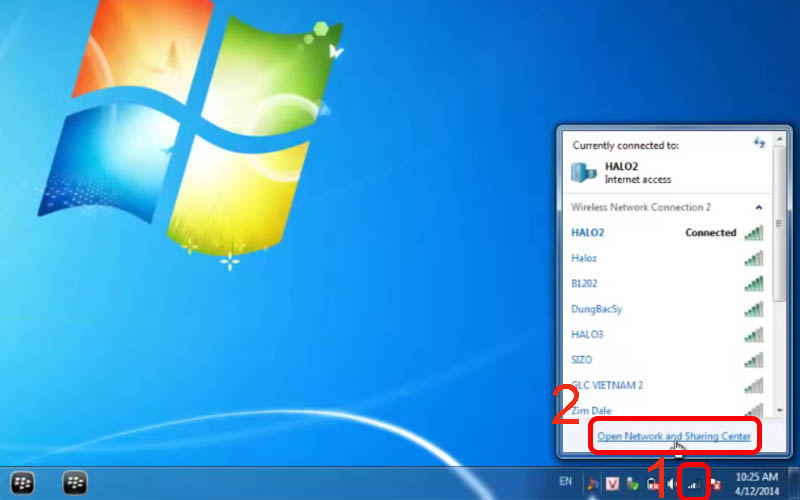 Chọn Open Network and Sharing Center