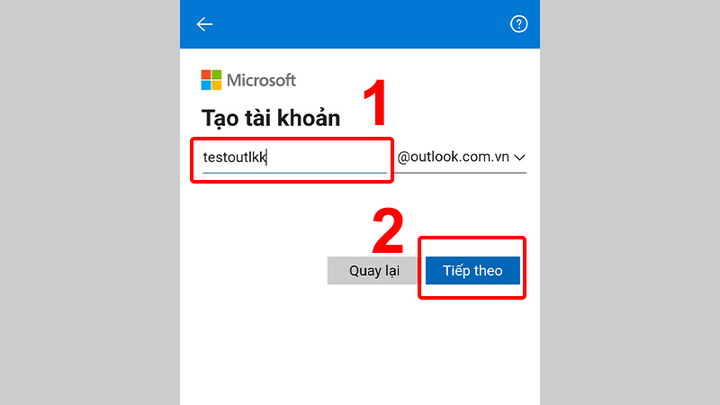 Nhập địa chỉ email Outlook và nhấn Tiếp theo