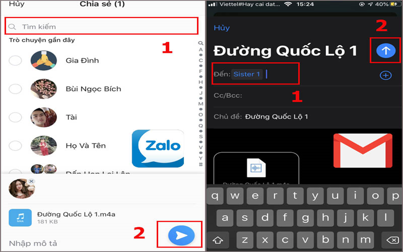 Gửi bản ghi âm qua Zalo hoặc Gmail