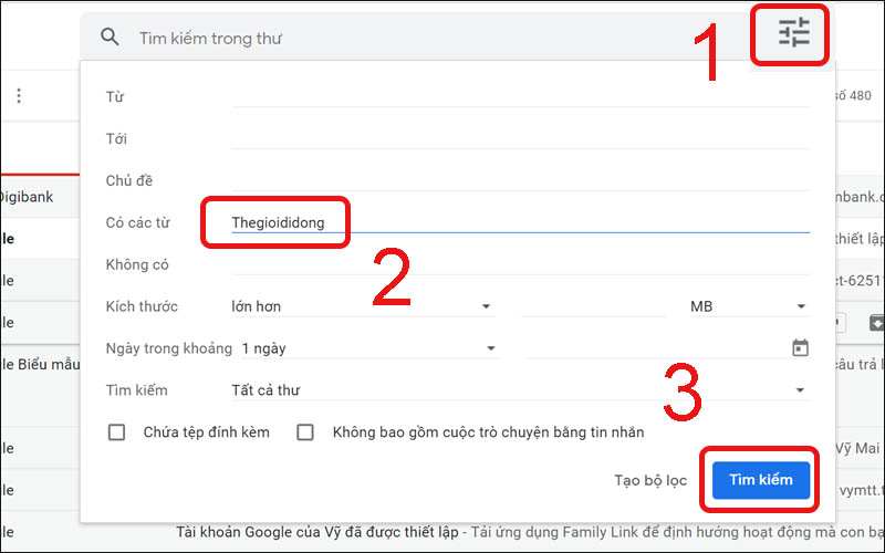 Tìm kiếm email theo từ trong thư