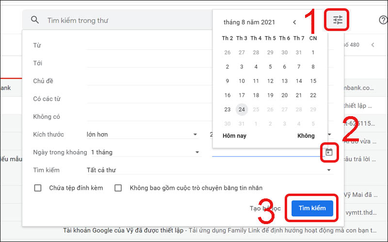 Tìm kiếm email theo khung thời gian