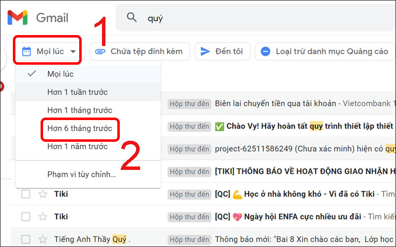 Chọn mốc thời gian muốn tìm kiếm