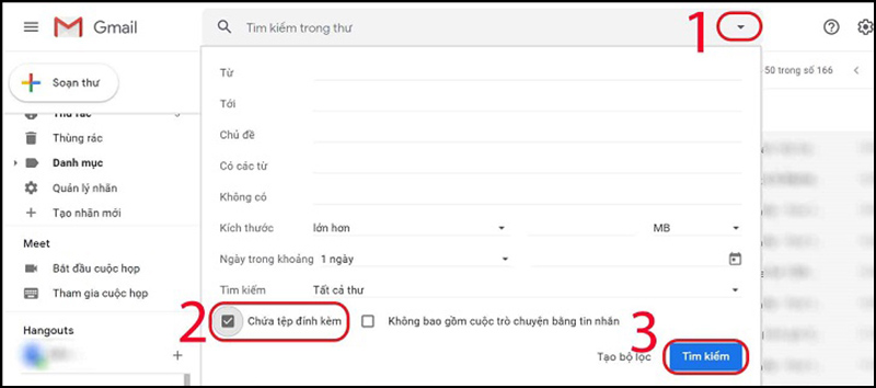 Tìm kiếm thư email với tệp đính kèm