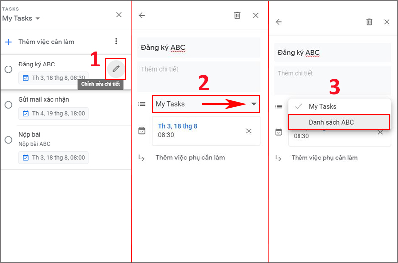 Di chuyển việc cần làm sang danh sách khác trên Google Tasks Di chuyển việc cần làm sang danh sách khác trên Google Tasks
