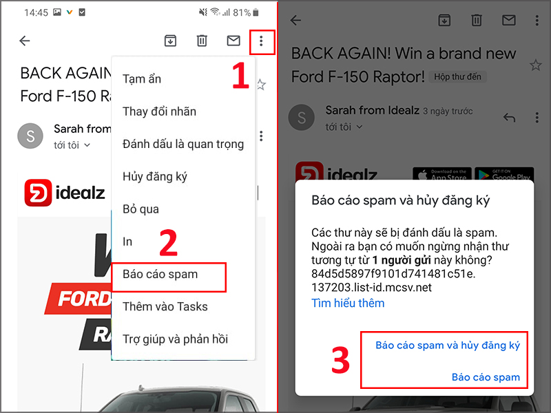 Hướng dẫn cách xóa, chặn thư rác, email đáng ngờ trong Gmail trên điện thoại (2)