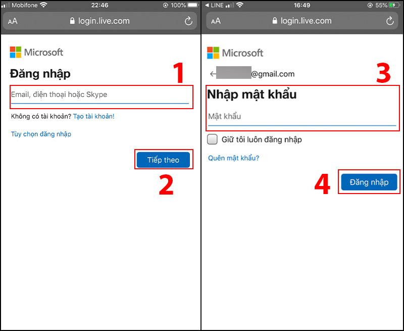 Đăng nhập vào tài khoản Outlook > Nhập email, điện thoại hoặc Skype > Chọn Tiếp theo > Nhập mật khẩu của bạn > Chọn Đăng nhập.