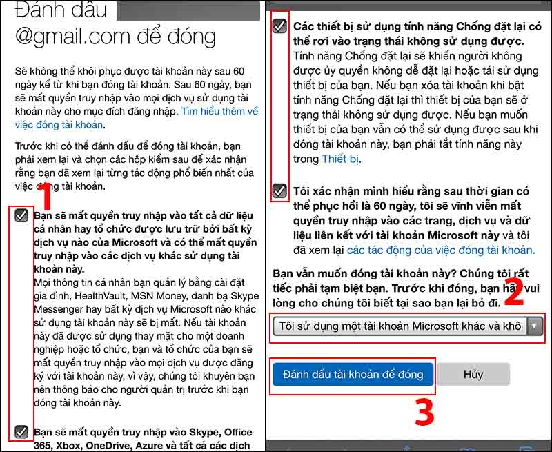 Bấm chọn tất cả các ô vuông > Nhấn vào Chọn một lý do và chọn một lý do bất kì > Sau đó chọn Đánh dấu tài khoản để đóng.