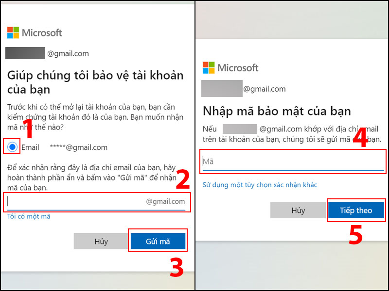 Bấm chọn vào ô tròn > Điền Gmail bạn đăng kí Microsoft > Chọn Gửi mã > Nhập mã Microsoft vừa gửi > Chọn Tiếp theo