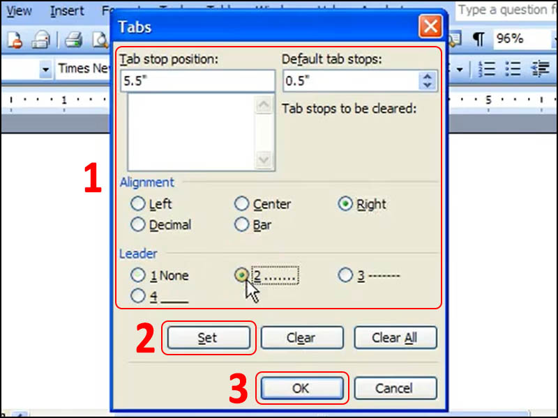 Chọn Format > Tabs…” class=”lazy” src=”http://cdn.tgdd.vn/hoi-dap/1286313/cach-tao-dong-cham-tab-trong-word-nhanh-chong-hieu-qua%20(9).jpg”/></strong></p>
<p><strong>Bước 3</strong>: Thiết lập các thông số cần thiết về Tab stop position, Default tab stops, Alighnment, Leader > Chọn <strong>Set</strong> > Chọn <strong>Ok</strong>.</p>
<p><strong>Lưu ý</strong>:</p>
<p>– <strong>Tab stop position</strong> là vị trí dừng lại của dòng chấm.</p>
<p>– <strong>Default tab stops</strong> thể hiện khoảng cách từ vị trí kết thúc dòng chấm đến ký tự tiếp theo.</p>
<p>– <strong>Alignment</strong> tạo vị trí bắt đầu của dòng chấm. Có 3 loại cần chú ý và thường sử dụng.</p>
<p>+ Left : Văn bản tại vị trí Tab được canh đều bên trái .<br />
+ Center : Văn bản tại vị trí Tab được canh đều ở giữa tab .<br />
+ Right : Văn bản tại vị trí Tab được canh đều theo bên phải .</p>
<p>– <strong>Leader</strong> dùng để lựa chọn định dạng như dấu chấm, dấu gạch dưới,….</p>
<p><strong><img alt=
