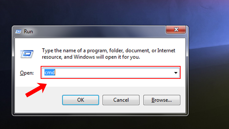 Nhập cmd trong hộp thoại Run