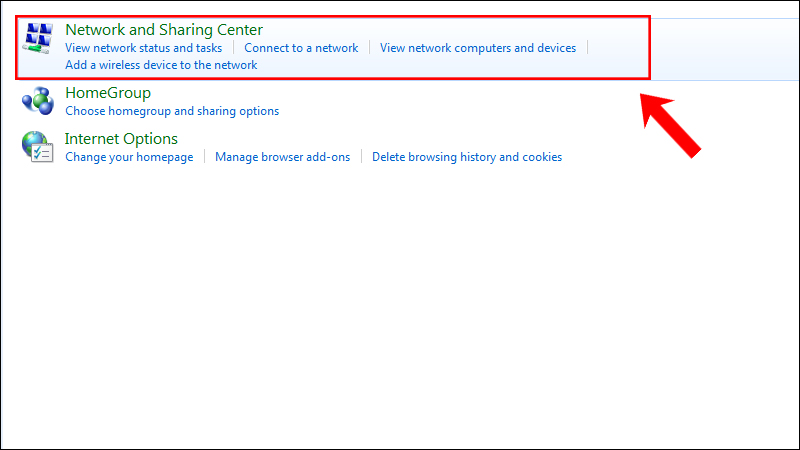 Chọn Network and Sharing Center