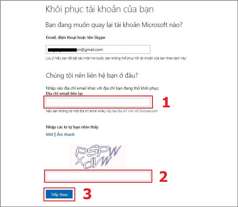 Nhập tài khoản email khác