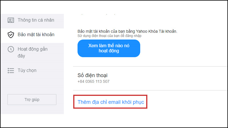 Thêm email hoặc số điện thoại khôi phục Yahoo Mail