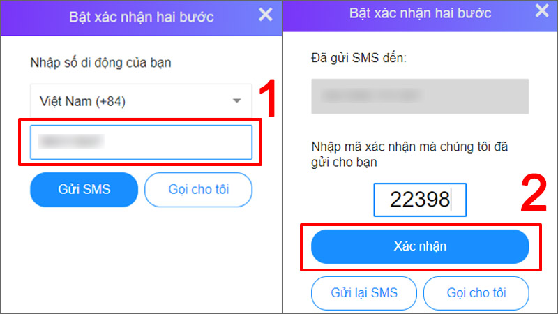 Nhập số điện thoại và mã xác nhận