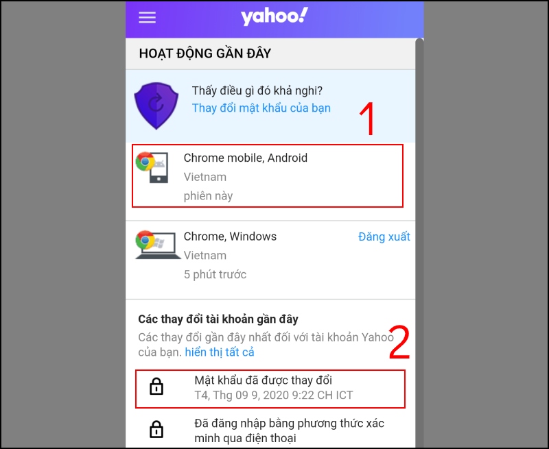 Kiểm tra thiết bị và hoạt động của tài khoản Yahoo