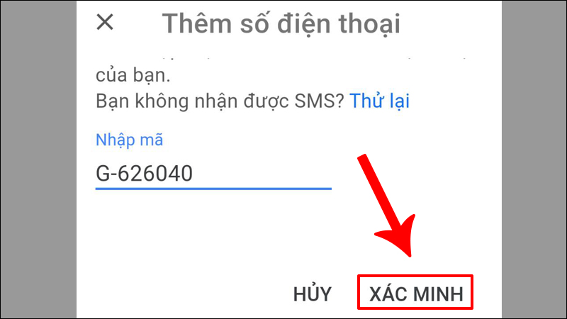 Nhập mã xác minh gửi về số điện thoại