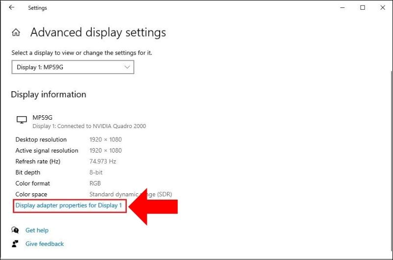 Chọn vào Display adapter properties for Display 1 để tiếp tục