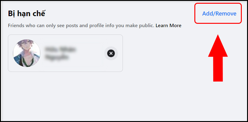 Chọn Add/ Remove danh sách hạn chế trên Facebook