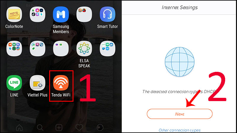 Mở ứng dụng “Tenda WiFi” > Sau khi thiết bị nhận IP từ Modem > Nhấn Next để tiếp tục
